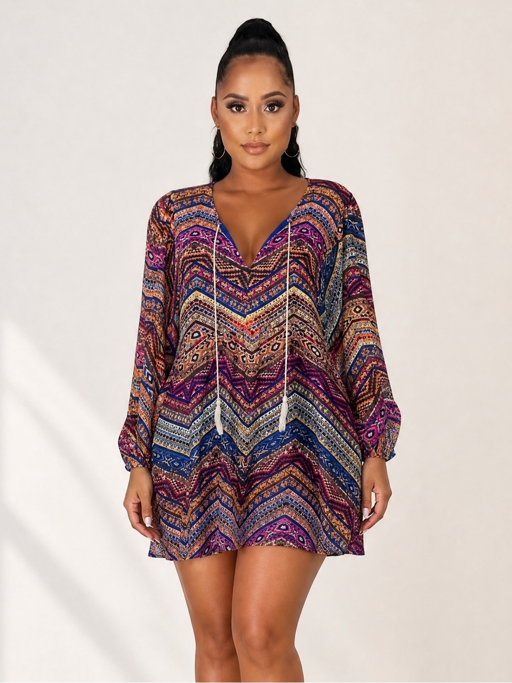 Umgee Purple Multicolor V-Neck Boho Midi Dress